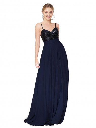 Best Soft Chiffon & Sequin Long Spaghetti Straps A-Line Semi Formal Evening Dress