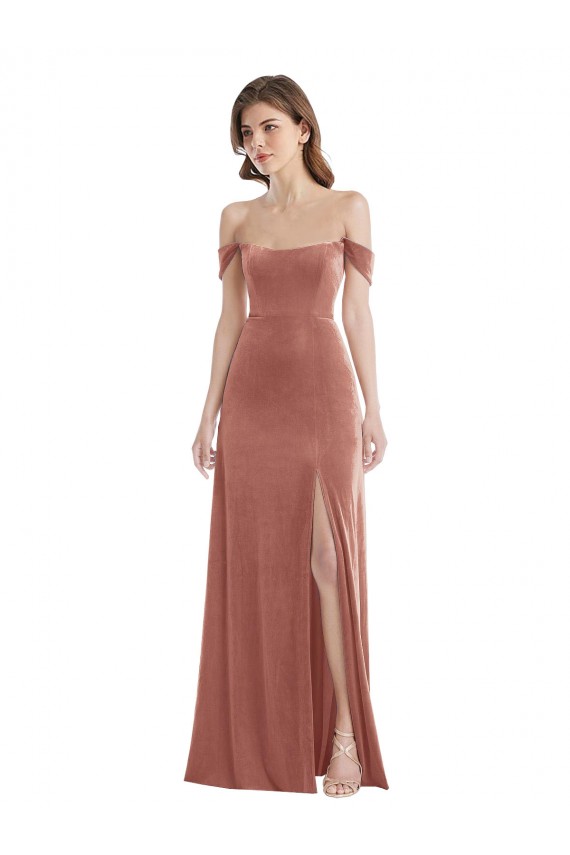 Best Stretch Velvet Long Off the Shoulder Cinnamon Rose A-Line Semi Formal Evening Dress