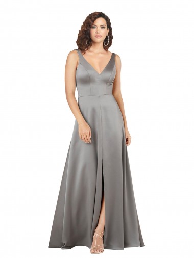 Best Silky Satin Long V-Neck A-Line Formal Evening Gown