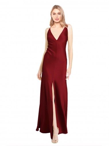 Best Stretch Satin V-Back Long V-Neck A-Line Black Tie Evening Dress