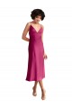 Best Stretch Satin Low Back Midi Length V-Neck A-Line Formal Evening Dress