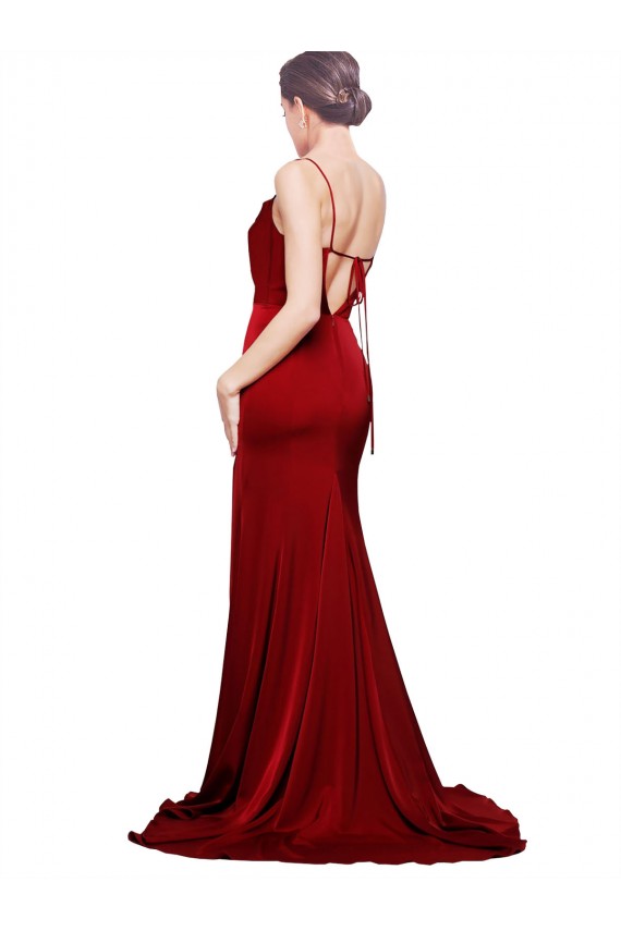 Best Stretch Satin Criss Cross Back Sweep Train Spaghetti Straps Sheath Black Tie Evening Dress