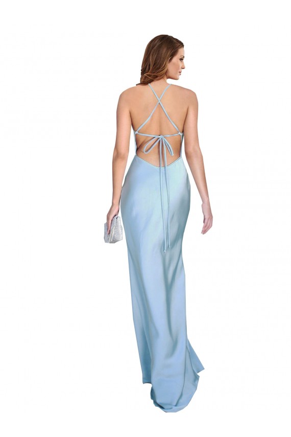 Best Silky Satin Criss Cross Open Back Long Cowl Neck Light Sky Blue Sheath Formal Evening Dress