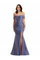 Best Silky Satin Low Back Long Off the Shoulder Mermaid Black Tie Plus Size Evening Dress