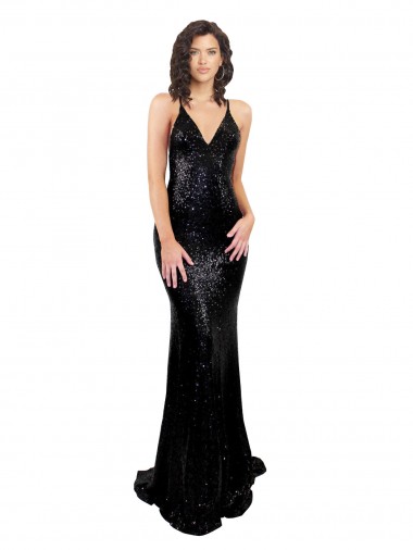 Best Sequin Criss Cross Open Back Long V-Neck Mermaid Black Tie Evening Dress
