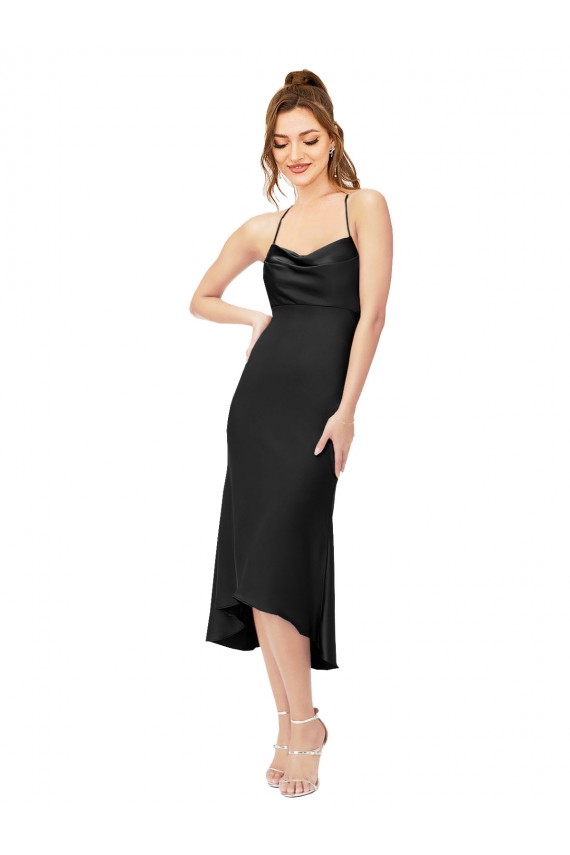 Best Silky Satin Criss Cross Back Midi Length Cowl Neck Sheath High Low Evening Dress