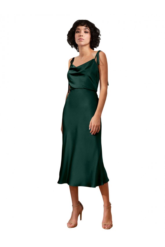 Best Stretch Satin Midi Length Cowl Neck Sheath Black Tie Evening Dress