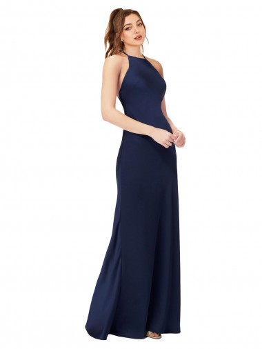 Best Silky Satin Criss Cross Back Long High Neck Sheath Formal Evening Dress