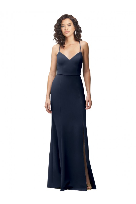 Best Stretch Crepe Criss Cross Back Long Spaghetti Straps Sheath Formal Evening Dress