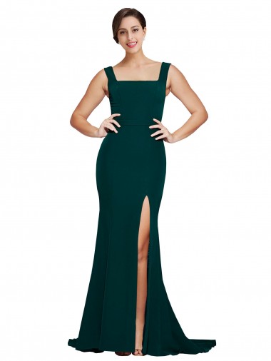 Best Stretch Crepe Sweep Train Square Neck Midnight Green Sheath Semi Formal Evening Dress