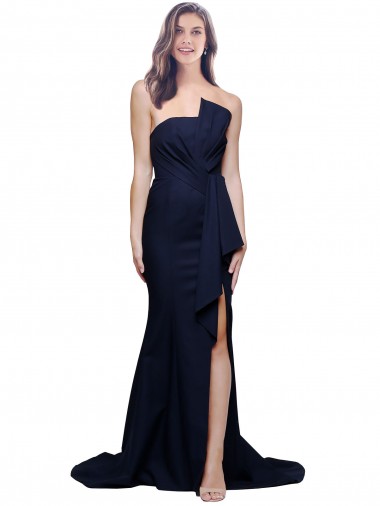 Best Stretch Crepe Low Back Sweep Train Strapless Sheath Semi Formal Evening Dress