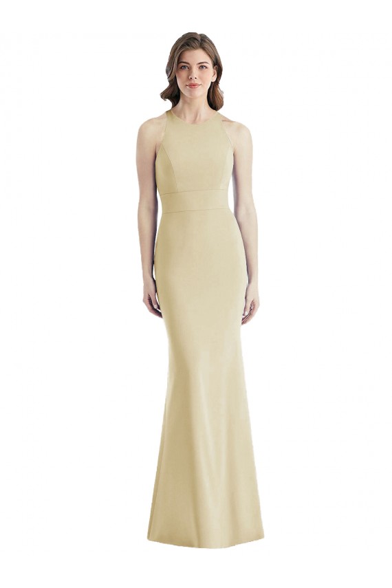 Best Stretch Crepe Criss Cross Open Back Long Bateau Neck Trumpet Semi Formal Evening Dress