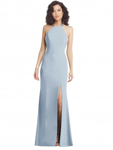 Best Stretch Crepe Criss Cross Back Long Halter Neck Light Sky Blue Trumpet Formal Evening Dress