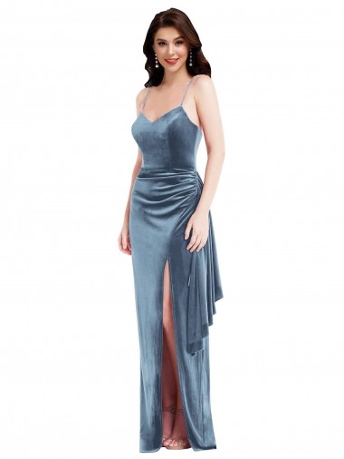 Best Stretch Velvet Low Back Long Spaghetti Straps Trumpet Formal Evening Dress